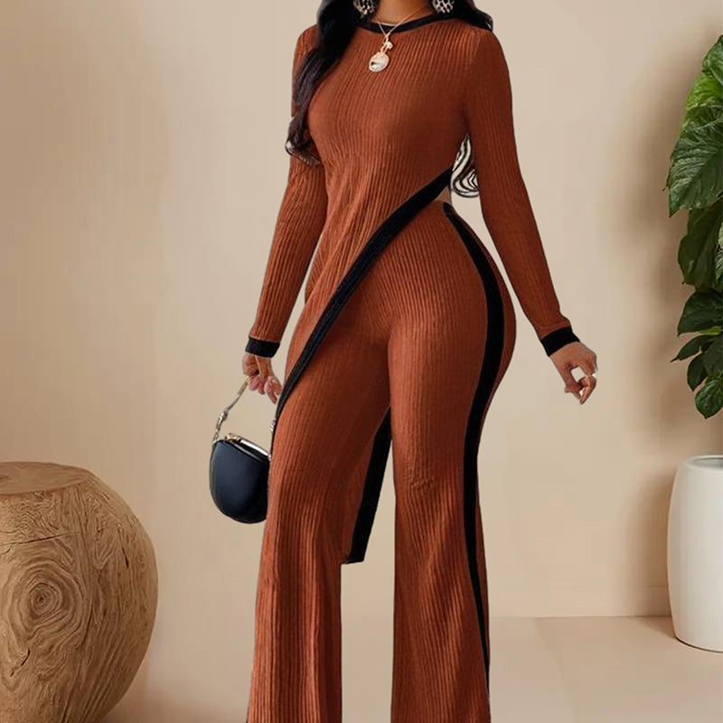 brown ribbed jumpsuit with black accents