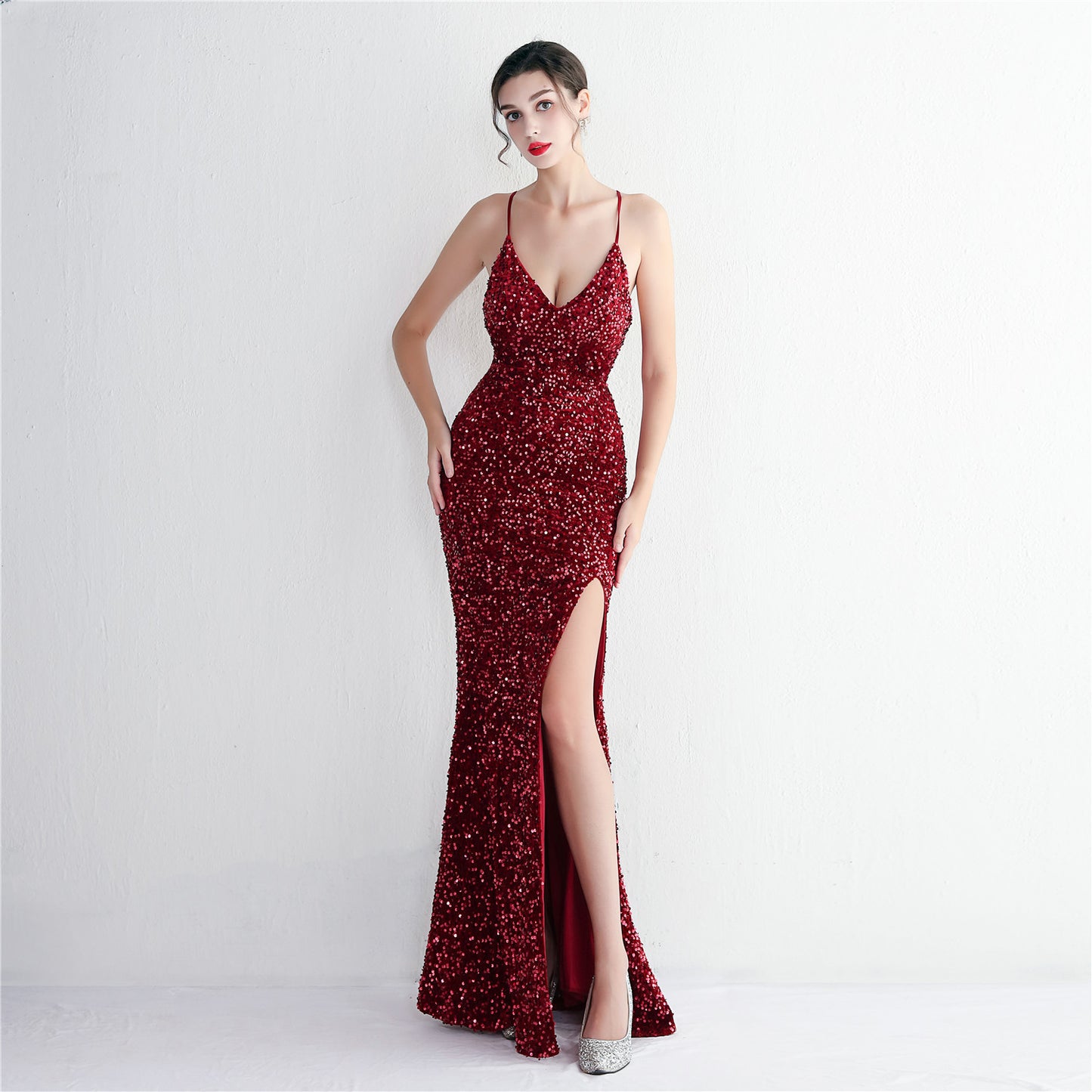 red carpet sequin suspender dress