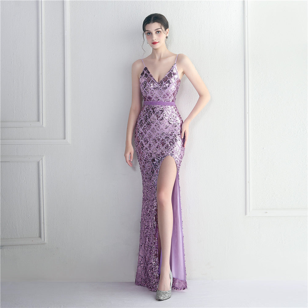 purple sequin prom gown