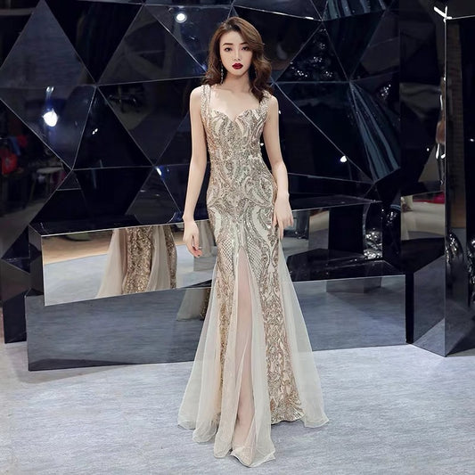 sequin fishtail evening gown